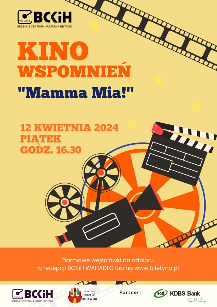 12 kwietnia 2024 roku zapraszamy do Brzeskiego Centrum Kultury i Historii WAHADŁO na seans filmowy z cyklu Kino Wspomnień na film Mamma Mia!

Seans rozpocznie się o godzinie 16:30. Bezpłatne wejściówki do odbioru w recepcji BCKiH Wahadło lub na biletyna.pl